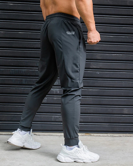 Men's Ice Silk Elastic Breathable Running Pants with Stripes, Quick-Dry, Zip Pocket Sweatpants