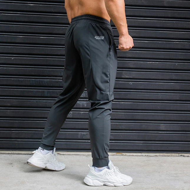 Men's Ice Silk Elastic Breathable Running Pants with Stripes, Quick-Dry, Zip Pocket Sweatpants