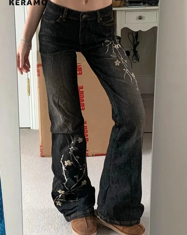 Keramo Women's Plant Embroidery Flare Jeans - Vintage Denim Trousers for Women