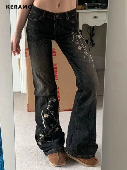 Keramo Women's Plant Embroidery Flare Jeans - Vintage Denim Trousers for Women