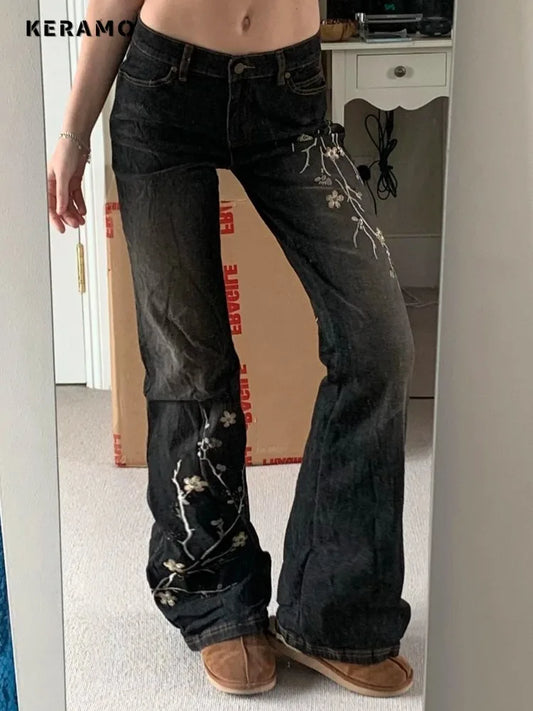 Keramo Women's Plant Embroidery Flare Jeans - Vintage Denim Trousers for Women