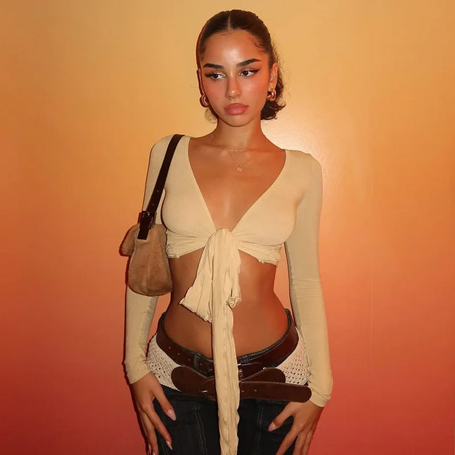 Slim Lace-Up V-Neck Crop Top with Long Sleeves