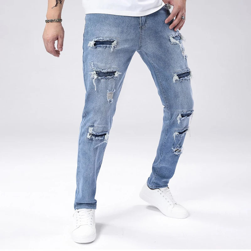 Men's Skinny Ripped Jeans with Medium Elasticity - Vintage Wash Denim Pants for Men