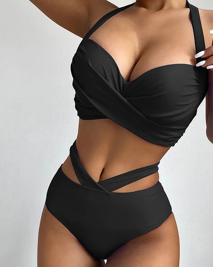 Women's Two-Piece Bikini Set with High Waist - Halter Neck and Push-Up Design