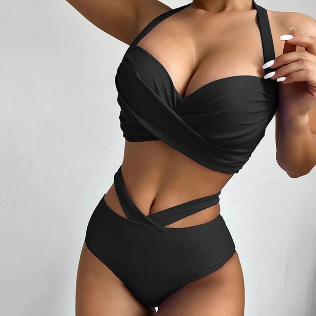 Women's Two-Piece Bikini Set with High Waist - Halter Neck and Push-Up Design