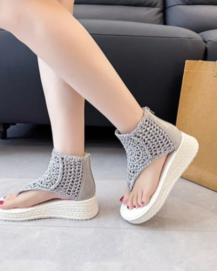 Women's Knitted Sandals with Braided Elastic and Mesh Flat Sole