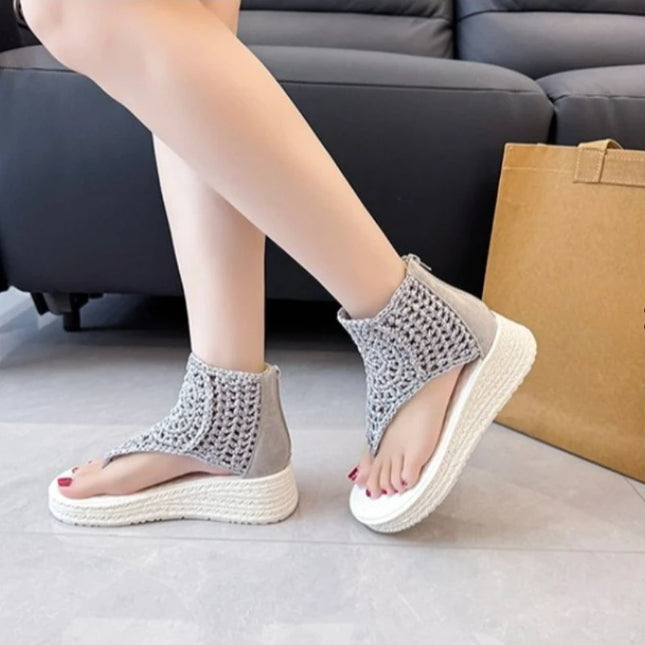 Women's Knitted Sandals with Braided Elastic and Mesh Flat Sole