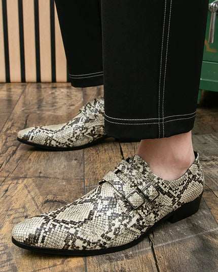Men's Snake Print Double Buckle Pointed Toe Dress Shoes