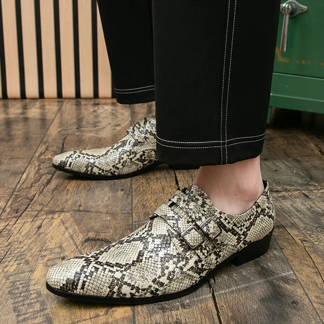 Men's Snake Print Double Buckle Pointed Toe Dress Shoes