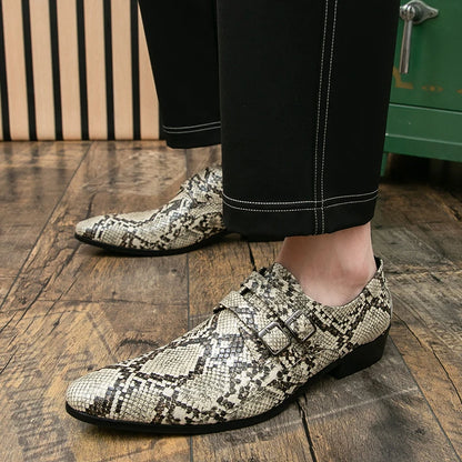 Men's Snake Print Double Buckle Pointed Toe Dress Shoes