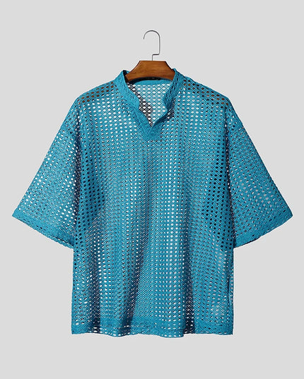 Incerun Men's Hollow Out V-Neck Short Sleeve T-Shirt - See-Through Loose Fit