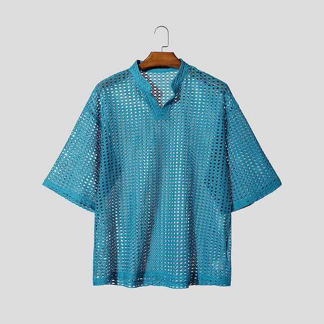 Incerun Men's Hollow Out V-Neck Short Sleeve T-Shirt - See-Through Loose Fit