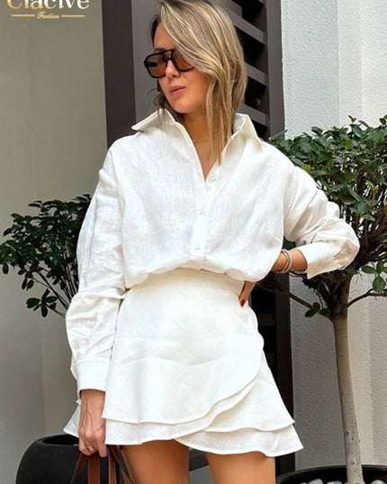 Women's Casual Loose Two-Piece Set with Long Sleeve Shirt and High-Waist Mini Skirt
