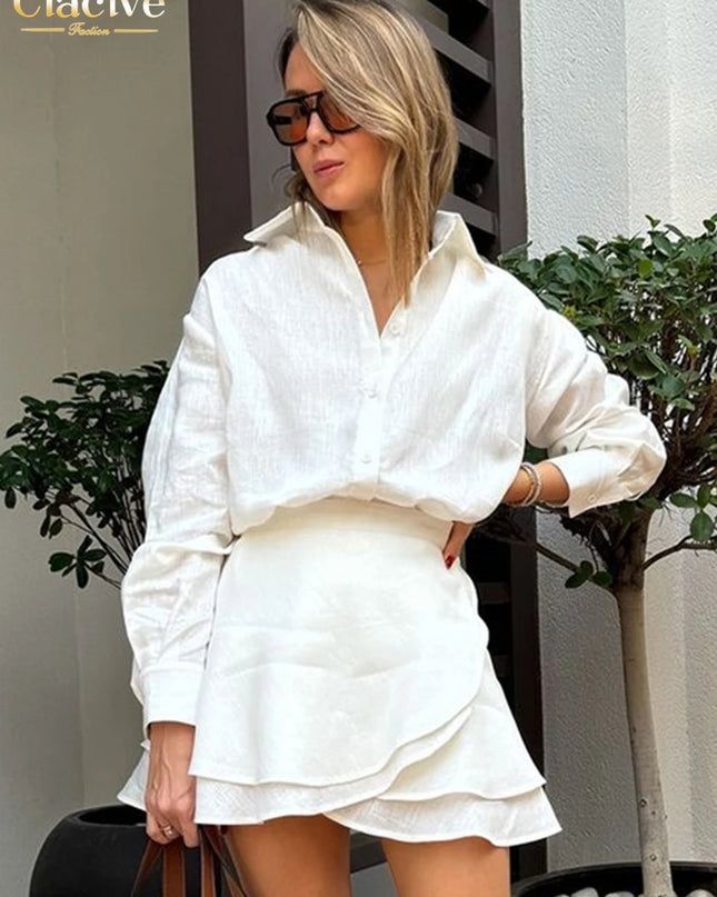 Women's Casual Loose Two-Piece Set with Long Sleeve Shirt and High-Waist Mini Skirt