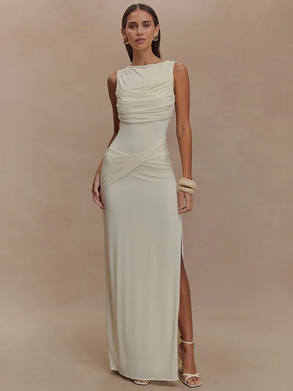Women's Backless Ruched Maxi Dress with Thigh-High Split