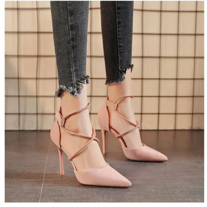 Women's Suede High Heels Roman Sandals with Cross Strap & Buckle Closure