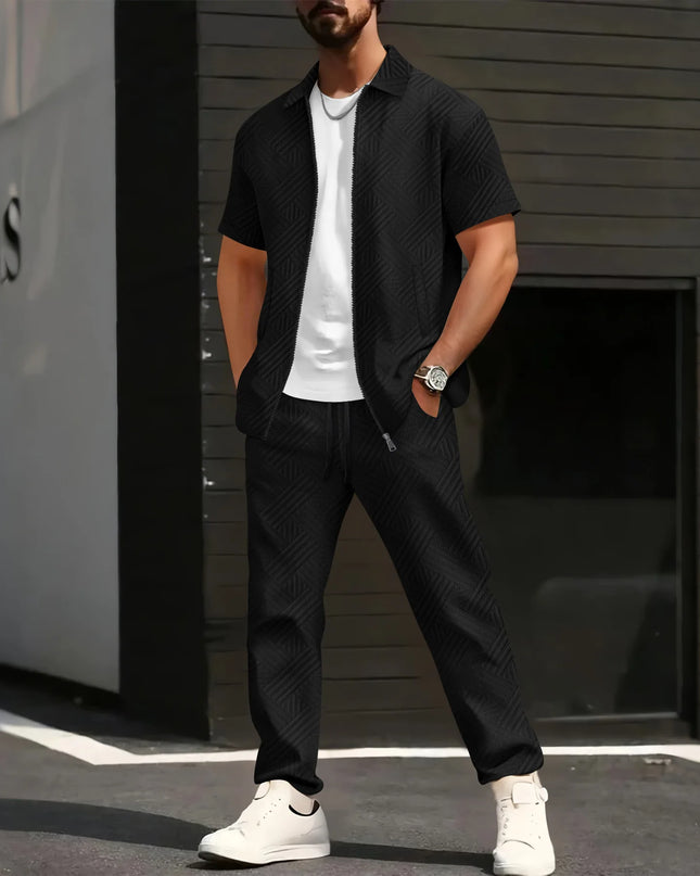 Men's Jacquard 2-Piece Short Sleeve Shirt and Pants Set with Turn-Down Collar and Zip Closure