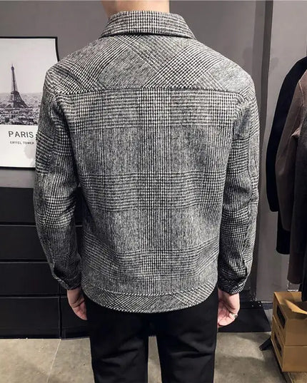 Slim Fit Men’s Polo Neck Jacket with Checkered Pattern and Multiple Pockets