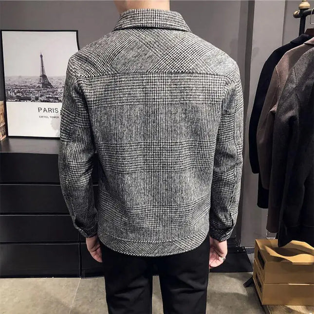 Slim Fit Men’s Polo Neck Jacket with Checkered Pattern and Multiple Pockets