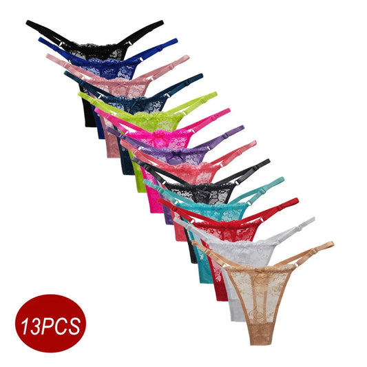 13PCS Women's Adjustable Waist Jacquard Lace G-String Panties - Low-Rise