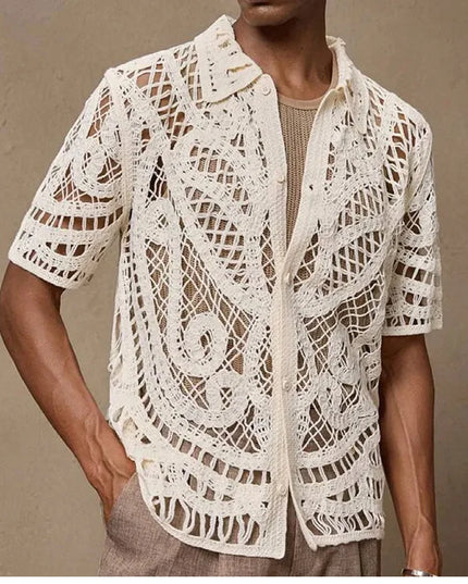Men's Breathable Mesh Crochet Polo Shirt - Short-Sleeve Knitted Design