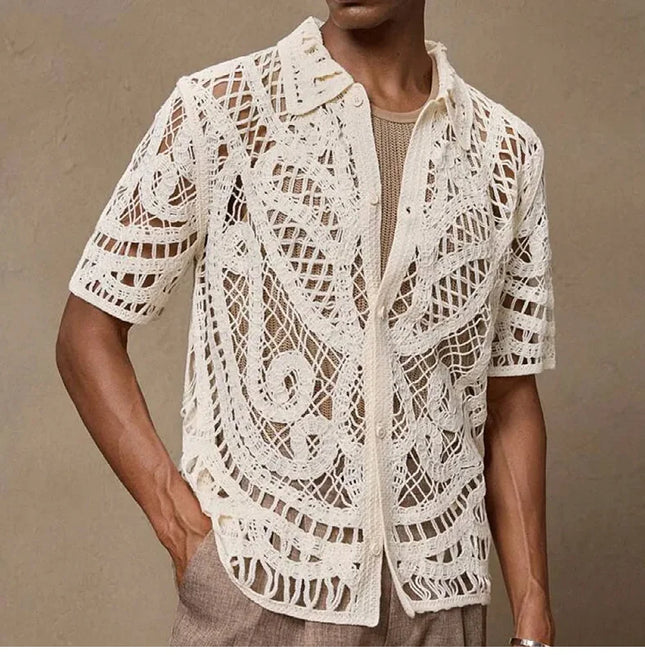 Men's Breathable Mesh Crochet Polo Shirt - Short-Sleeve Knitted Design