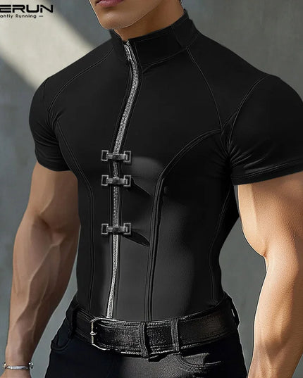 INCERUN Men's Slim Fit T-Shirt with Metal Buckle Detail & Zipper