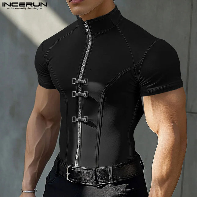 INCERUN Men's Slim Fit T-Shirt with Metal Buckle Detail & Zipper