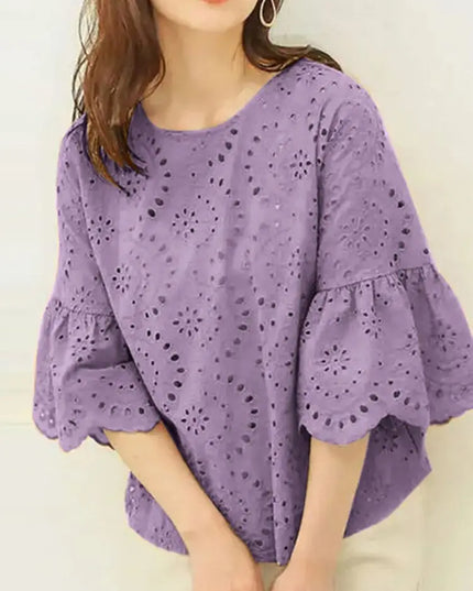 ZANZEA Women's Casual Loose Blouse with Hollow Out Lace Crochet Embroidery