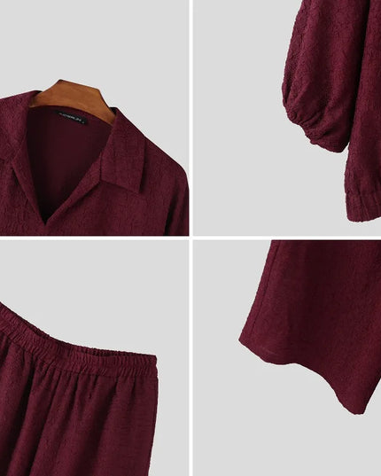 Incerun Men's Two-Piece Oversized Set: Lapel 3/4 Sleeve Shirt and Wide-Leg Pants
