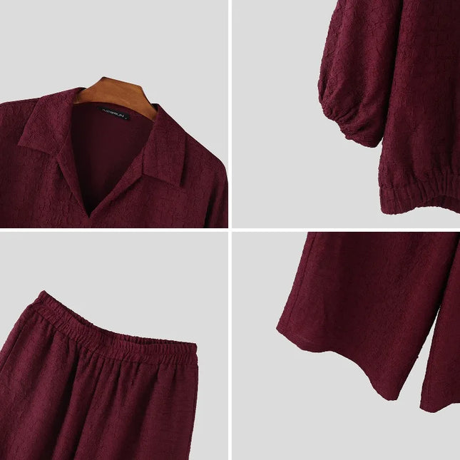 Incerun Men's Two-Piece Oversized Set: Lapel 3/4 Sleeve Shirt and Wide-Leg Pants