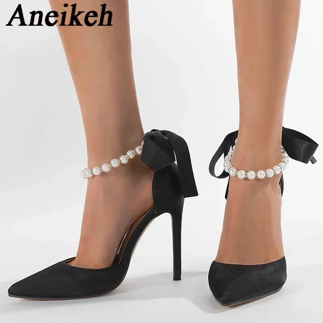 Aneikeh Beaded Ankle Strap High Heels