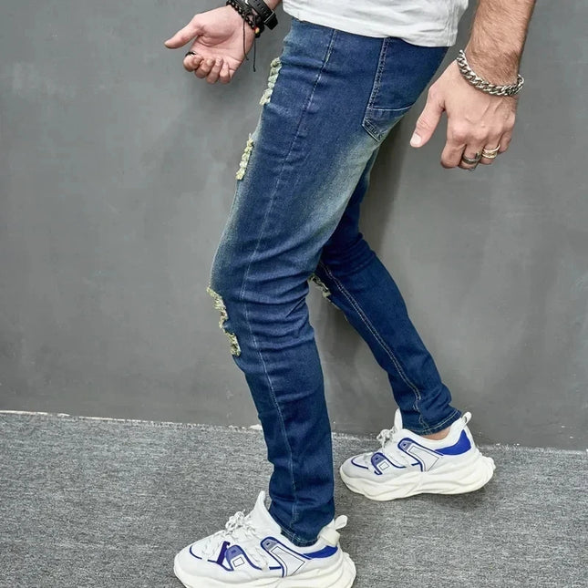 Men's Casual Skinny Ripped Denim Jeans - Stylish Slim Fit Trousers