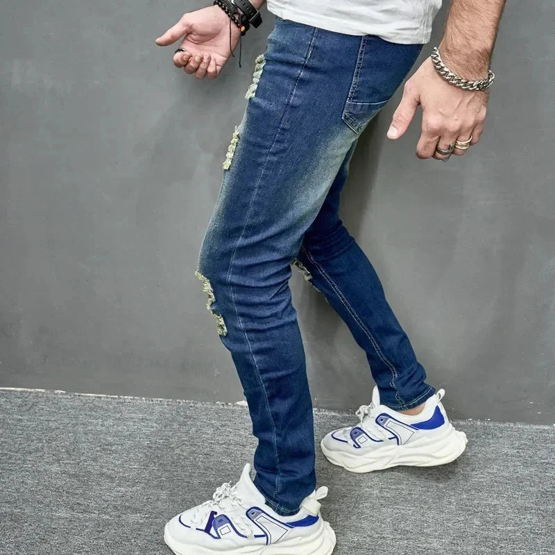 Men's Casual Skinny Ripped Denim Jeans - Stylish Slim Fit Trousers
