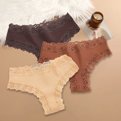 Set of 3 Women's Cotton Lace Panties - Floral Print & Trendy Patchwork Briefs