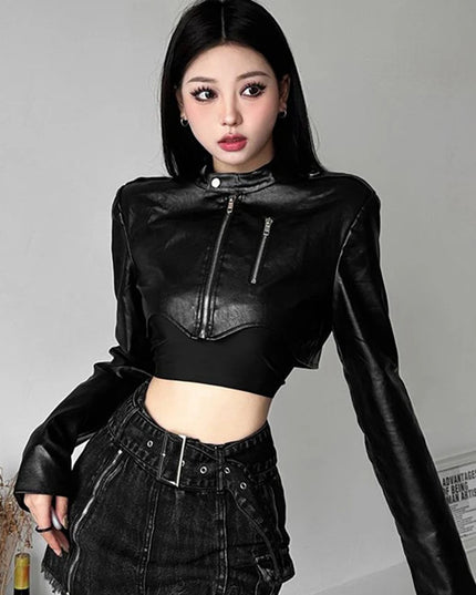 Women's PU Leather Cropped Slim Fit Zipper Jacket