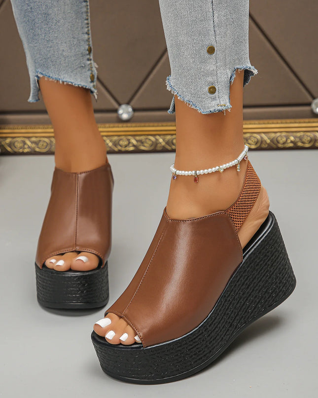 Women’s Faux Leather Wedge Sandals with Open Toe