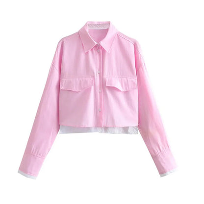 Women's Crop Blouse Shirt with Lapel, Long Sleeves, and Pocket