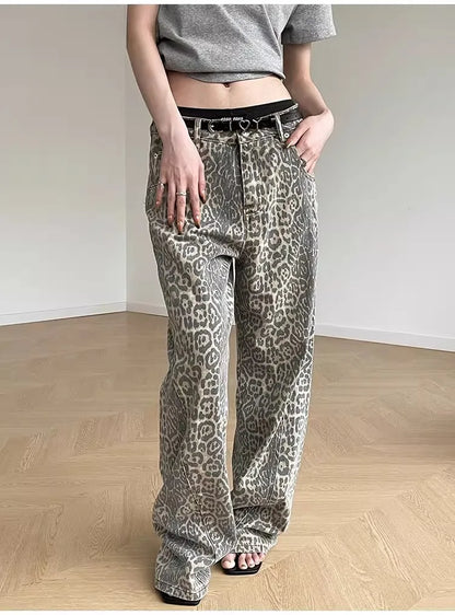 Women High Waist Leopard Printed   Wide Leg Denim Pants  Loose