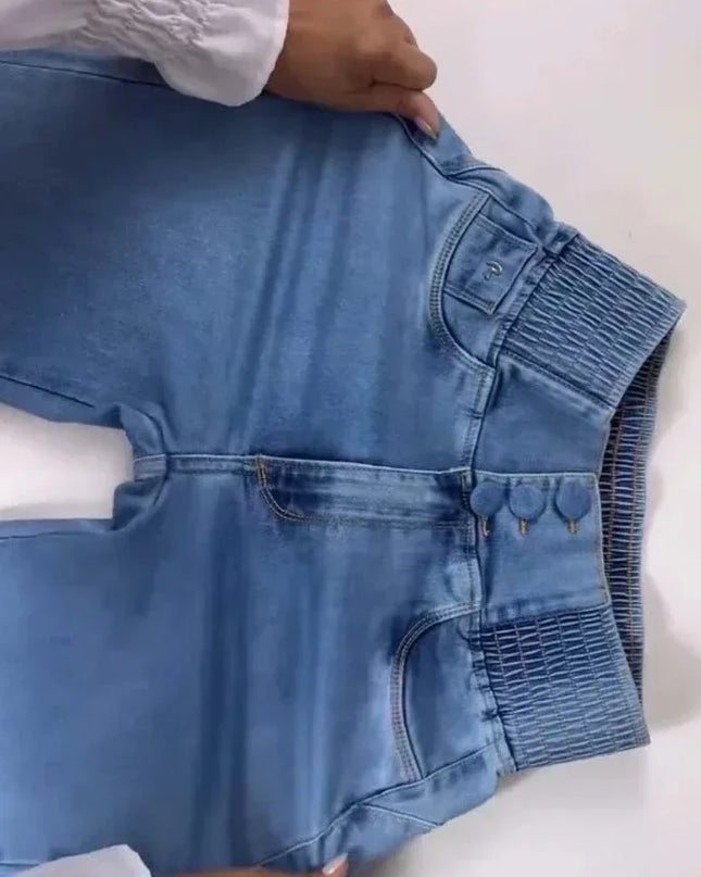 Elegant High-Waist Button-Front Cotton Jeans