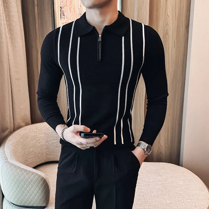 Men's Striped Zipper Collar Sweater with Flip Collar, Knitted Polo Style, Slim Fit