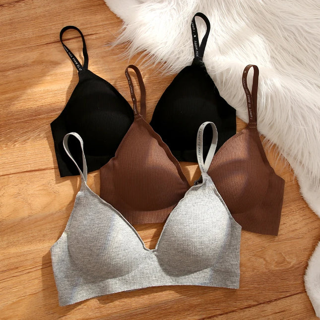 FINETOO 3-Piece Women's Striped Wireless Padded Deep V Bra with Breathable Design and Adjustable Straps