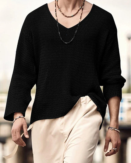 Men's Knit V-Neck Long Sleeve Hollow Out Loose Fit Sweater