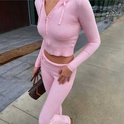 Women's Knitted 2-Piece Tracksuit Set - Long Sleeve Zipper Hooded Sweater & Flare Pants Matching Outfit