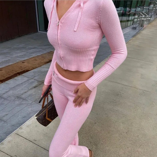 Women's Knitted 2-Piece Tracksuit Set - Long Sleeve Zipper Hooded Sweater & Flare Pants Matching Outfit