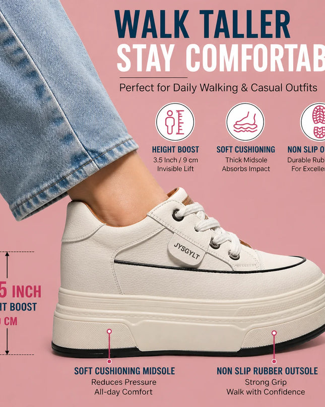 Hidden Heel High Platform Sneakers for Women Chunky Wedge - Genuine Leather