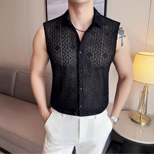 Men's Slim Fit Sleeveless Vest Shirt with Hollowed-Out Design