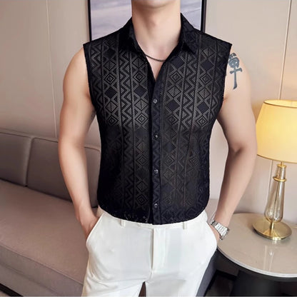 Men's Slim Fit Sleeveless Vest Shirt with Hollowed-Out Design