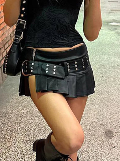 Women's Slim Pleated Split Skirt with Sashes and Metal Buckle - Low Waist Design