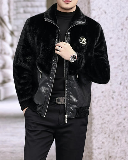 Men's Faux Fur-Spliced Pu Leather Jacket with Stand-Up Collar